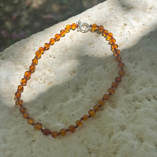 Round Amber Necklace with Silver Clasp for Babies and Children